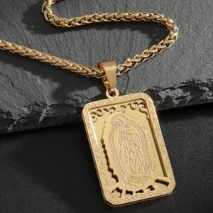 New Gold Plated Virgin Mary Pendant Necklace On 24" Chain Bin